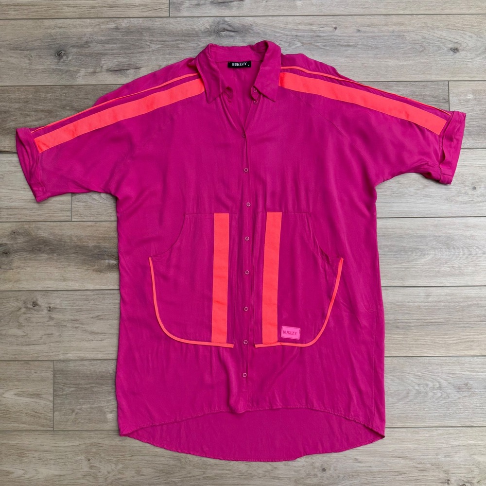 BUKEZY Pink Neon Trim Oversized‎ Shirt Dress Tunic Button Down Streetwear